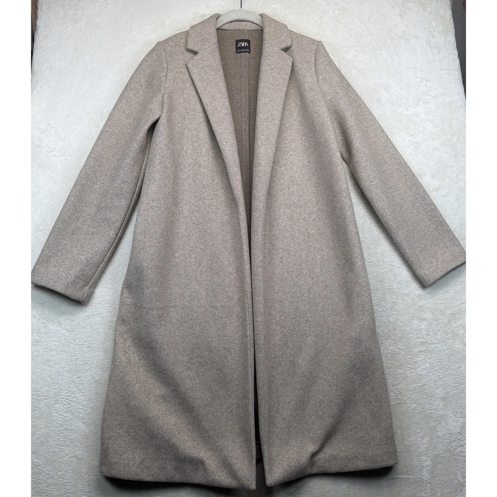 Zara Womens Longline Coat Beige Open Front Tailored Minimalist Jacket Small S
